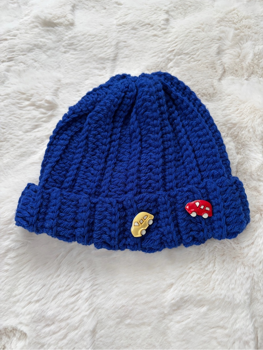 Hand-Knit Royal Blue Beanie with Car Buttons
